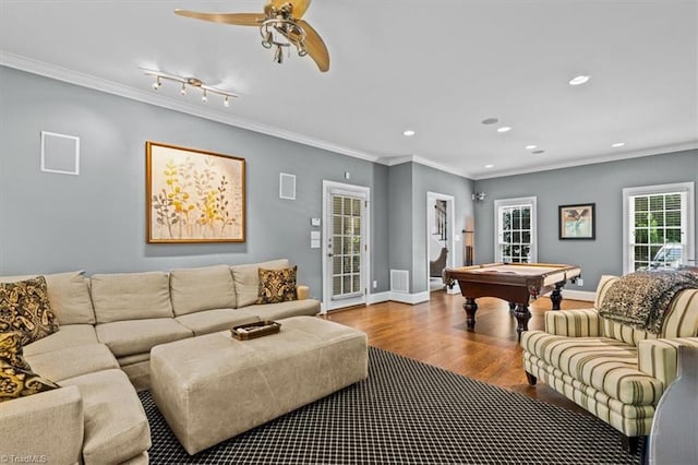 1905 Regents Park Ln, Greensboro, NC 27455 - living area featuring billiards, wood finished floors, recessed lighting, ornamental molding, and a ceiling fan