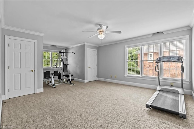 1905 Regents Park Ln, Greensboro, NC 27455 - exercise room with ornamental molding, baseboards, a ceiling fan, and carpet floors