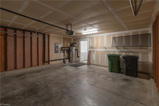 garage with electric panel, a garage door opener, and gas water heater