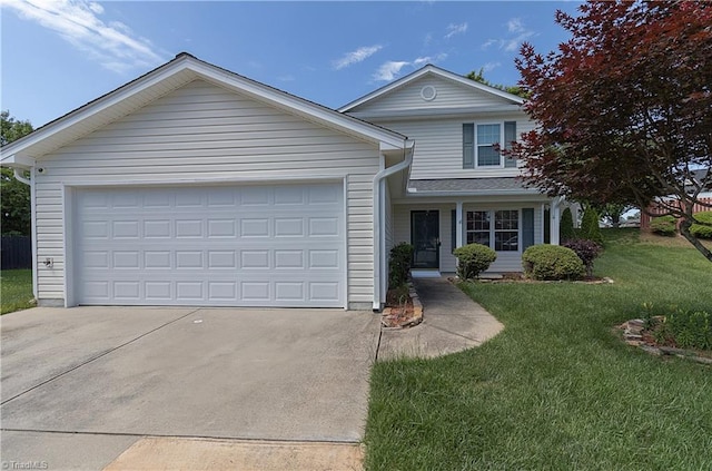 traditional-style house with concrete driveway, a front lawn, and a garage