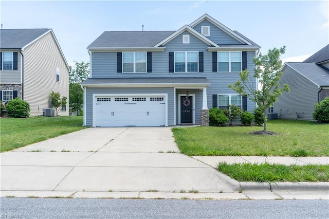 4008 Meadow Valley Dr, High Point, NC 27265 - view of front of home featuring cooling unit, an attached garage, driveway, and a front lawn