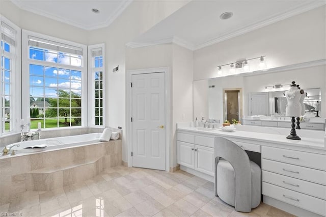 bathroom with vanity, a bath, and crown molding