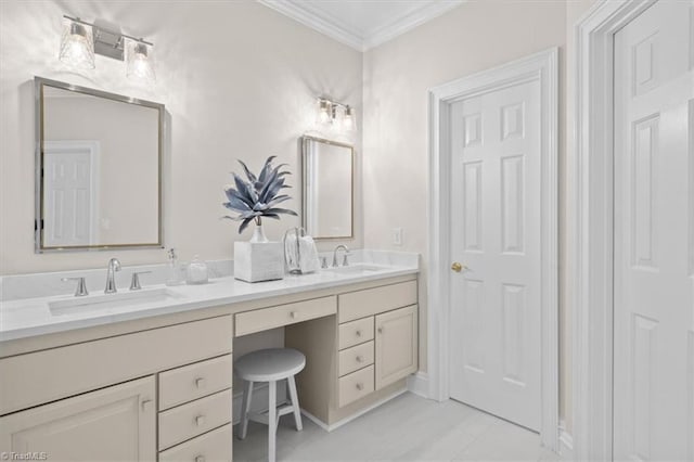 full bath with double vanity, a sink, and crown molding