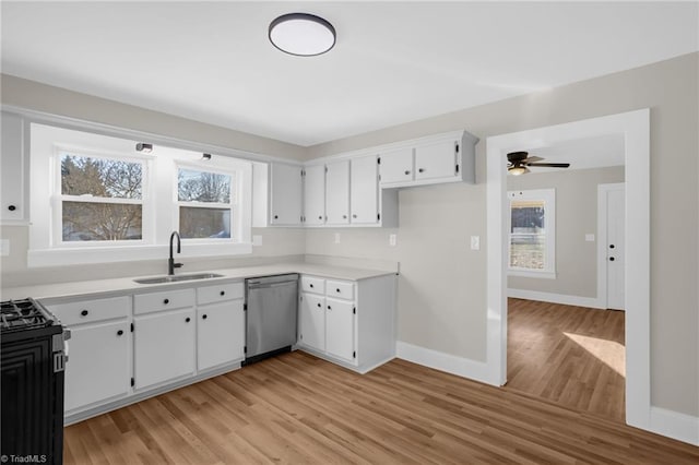 kitchen featuring sink, stainless steel dishwasher, white cabinets, and light wood-type flooring