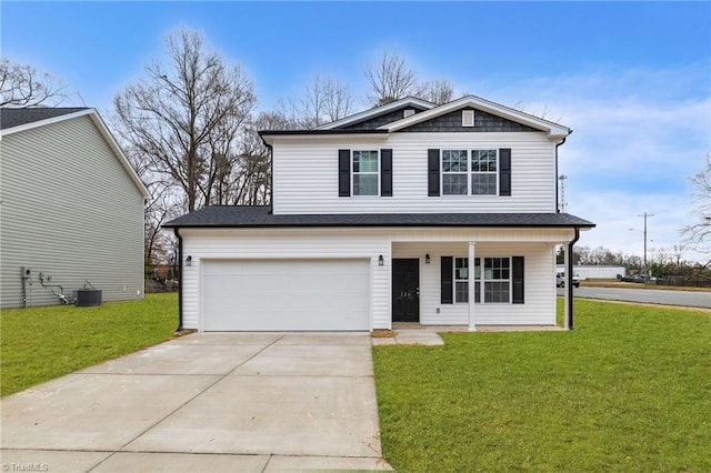 view of front of property with covered porch, central AC, a front lawn, and a garage