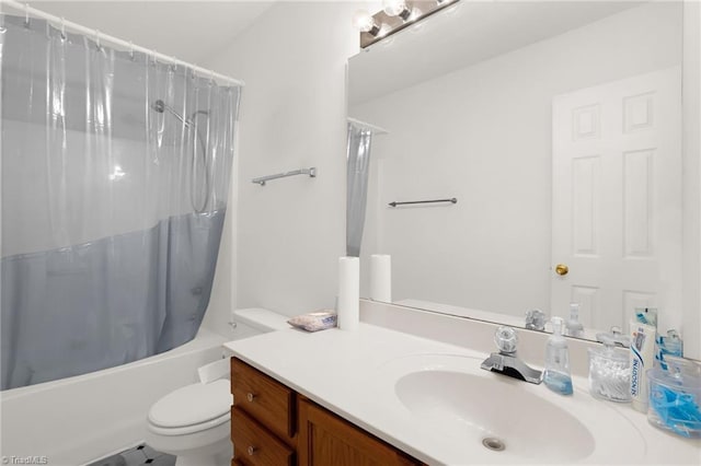 full bathroom featuring shower / bathtub combination with curtain, vanity, and toilet