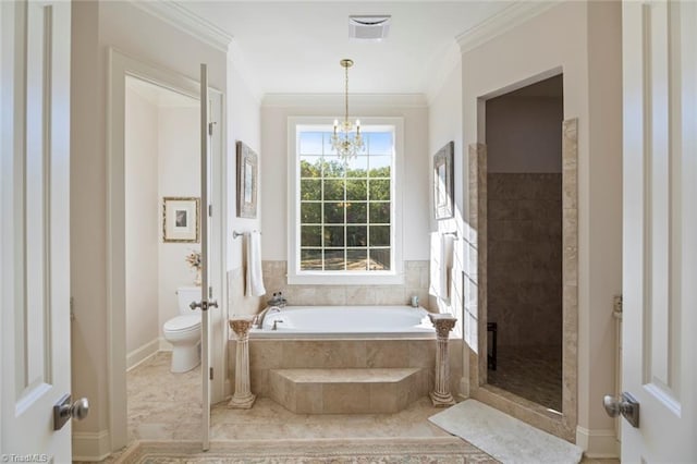 bathroom with toilet, crown molding, a chandelier, and separate shower and tub