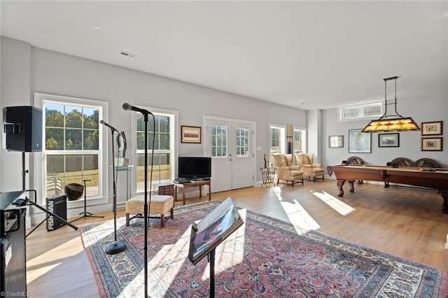 living room featuring light hardwood / wood-style flooring and pool table