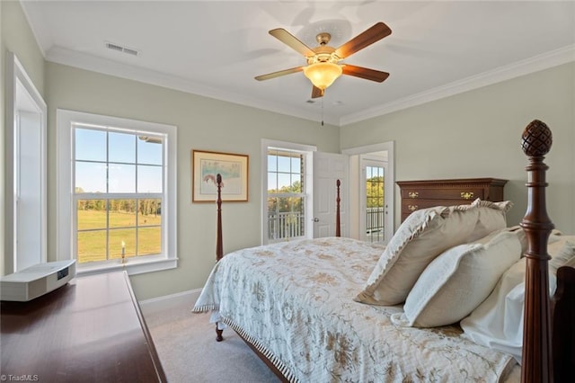 bedroom featuring crown molding, multiple windows, access to outside, and ceiling fan