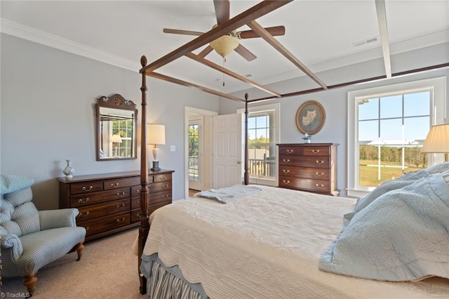 bedroom with multiple windows, light colored carpet, crown molding, and ceiling fan