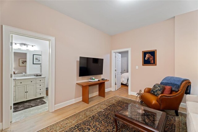 living room featuring sink and light hardwood / wood-style flooring