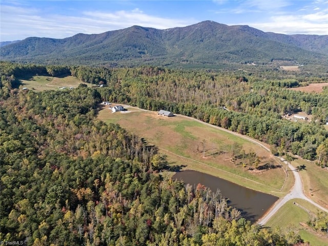 drone / aerial view featuring a water and mountain view