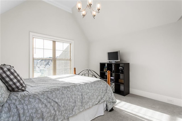 bedroom featuring a chandelier, vaulted ceiling, and carpet