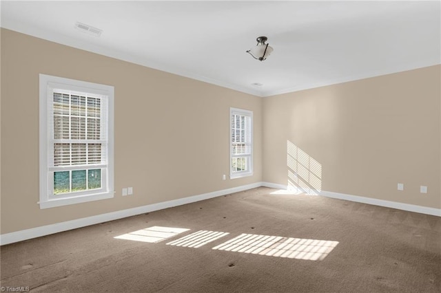 empty room with crown molding and light colored carpet