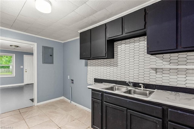 415 White Oak St, High Point, NC 27260 - kitchen with electric panel, backsplash, crown molding, light countertops, and dark cabinetry