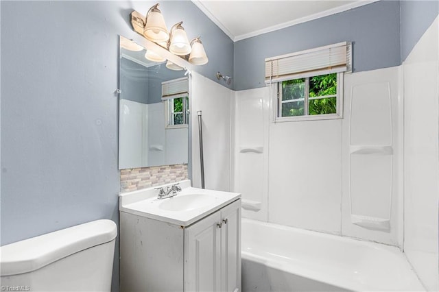 415 White Oak St, High Point, NC 27260 - bathroom featuring vanity, healthy amount of natural light, tub / shower combination, backsplash, and crown molding
