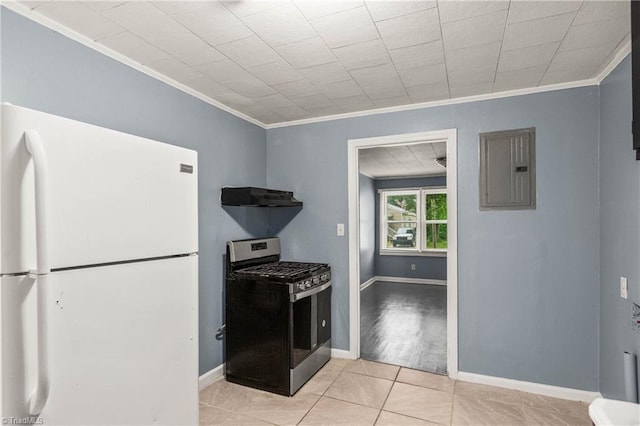 415 White Oak St, High Point, NC 27260 - kitchen with stainless steel range with gas stovetop, freestanding refrigerator, electric panel, crown molding, and exhaust hood