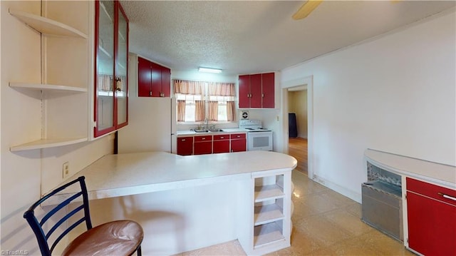 1610 S Main St, Mount Airy, NC 27030 - kitchen featuring open shelves, red cabinets, white range with electric stovetop, a sink, and a textured ceiling