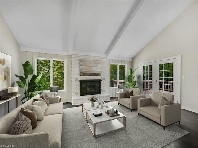 living room featuring french doors, vaulted ceiling with beams, a fireplace, and plenty of natural light