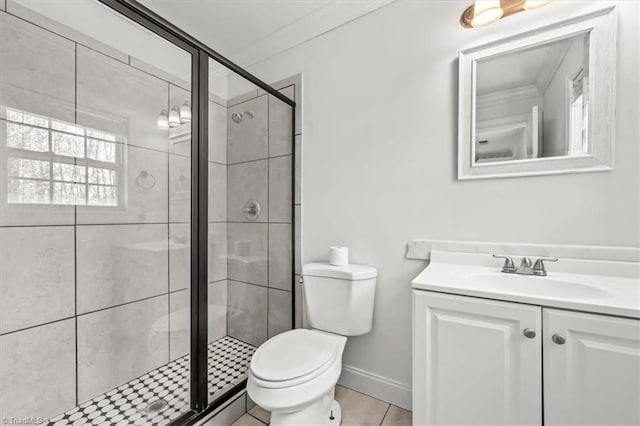 3523 Riverside Dr, Greensboro, NC 27406 - full bathroom featuring vanity, toilet, baseboards, a shower stall, and tile patterned floors
