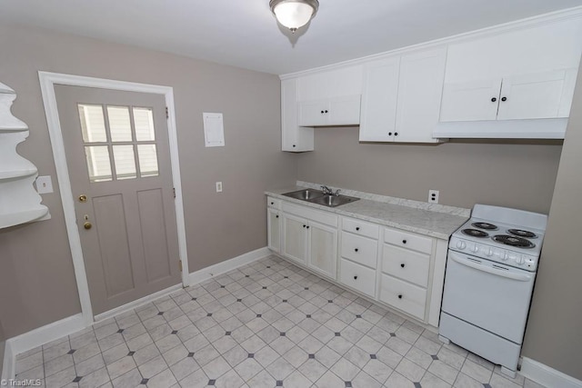 kitchen with white cabinetry, sink, and white electric range