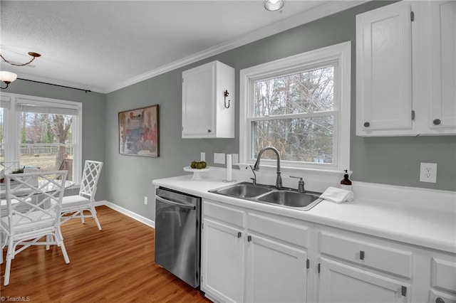 kitchen featuring a sink, white cabinets, crown molding, and stainless steel dishwasher