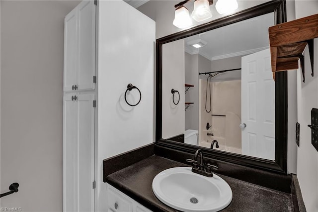 full bath with vanity, crown molding, and  shower combination