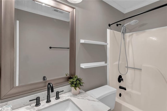 bathroom featuring visible vents, toilet, shower / bath combination, ornamental molding, and vanity