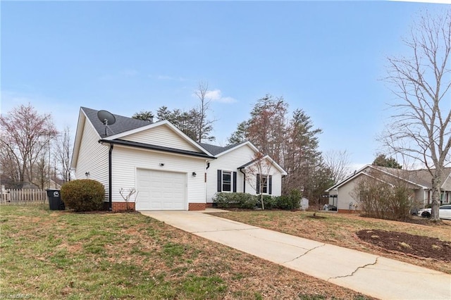 ranch-style house with a garage, concrete driveway, a front lawn, and fence