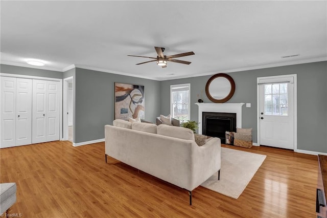 living room with a wealth of natural light, light wood-style flooring, a fireplace, and ornamental molding