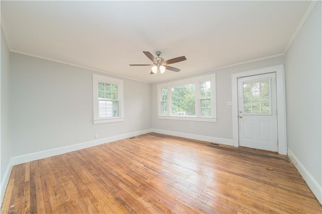 4065 Leo St, Winston-Salem, NC 27105 - empty room featuring ornamental molding, a ceiling fan, baseboards, and light wood finished floors