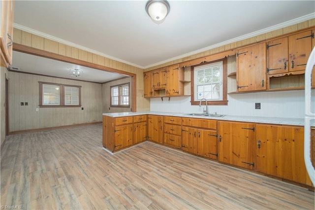 4065 Leo St, Winston-Salem, NC 27105 - kitchen with a sink, open shelves, light wood-type flooring, light countertops, and crown molding