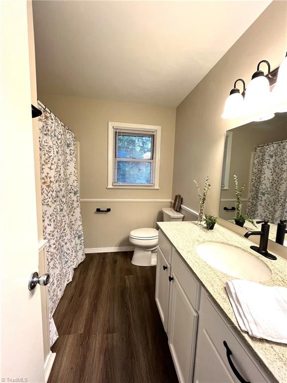 bathroom featuring hardwood / wood-style floors, vanity, and toilet