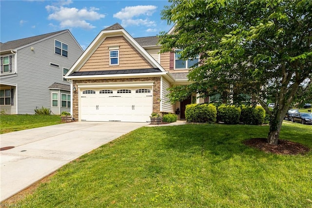 2711 Chari Park Ln, Walkertown, NC 27051 - view of front of property with driveway, a front yard, a garage, stone siding, and a standing seam roof