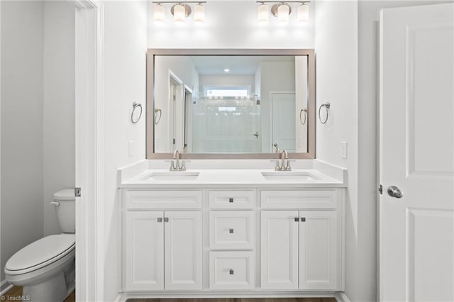 bathroom with vanity, a shower with door, and toilet