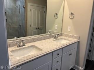 bathroom featuring walk in shower and dual bowl vanity