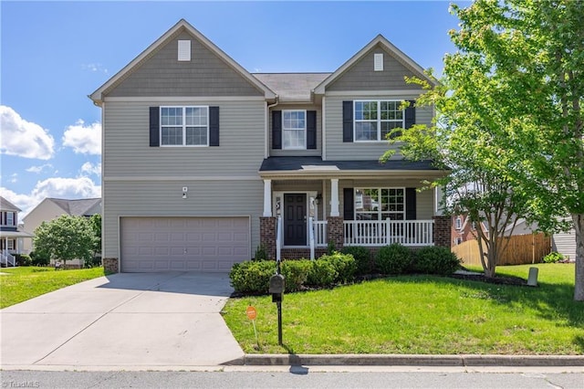 craftsman-style house with a porch, an attached garage, brick siding, concrete driveway, and a front lawn
