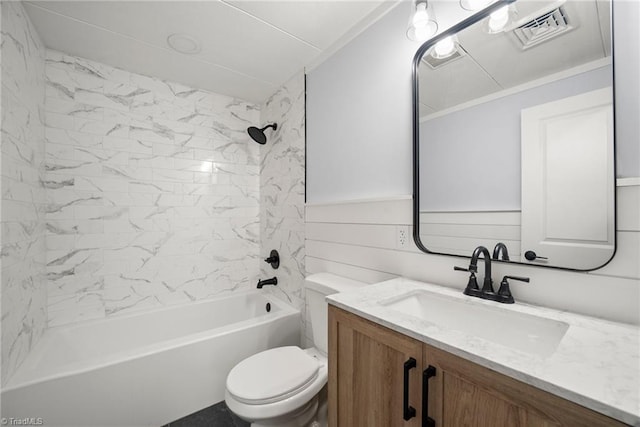 full bath featuring visible vents, toilet, bathtub / shower combination, and vanity