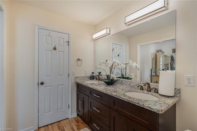 bathroom with hardwood / wood-style floors and vanity