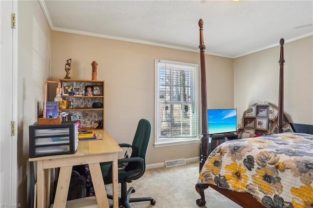 carpeted bedroom with multiple windows and ornamental molding