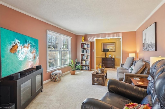 living room featuring crown molding, light carpet, and a textured ceiling