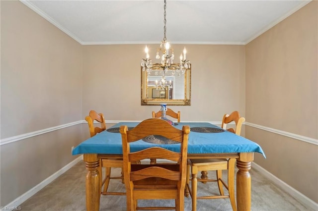 dining space featuring ornamental molding, light colored carpet, and a notable chandelier