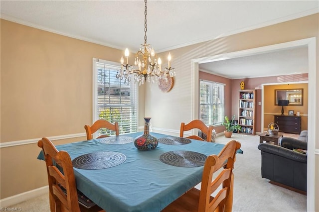 dining area featuring crown molding and light carpet