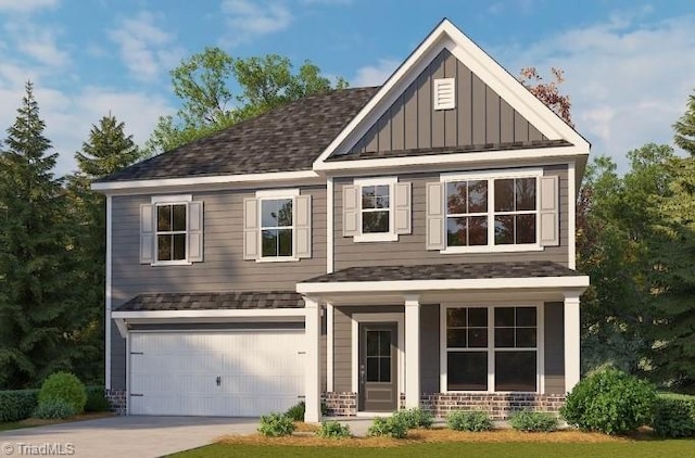 craftsman house featuring roof with shingles, brick siding, board and batten siding, a garage, and driveway