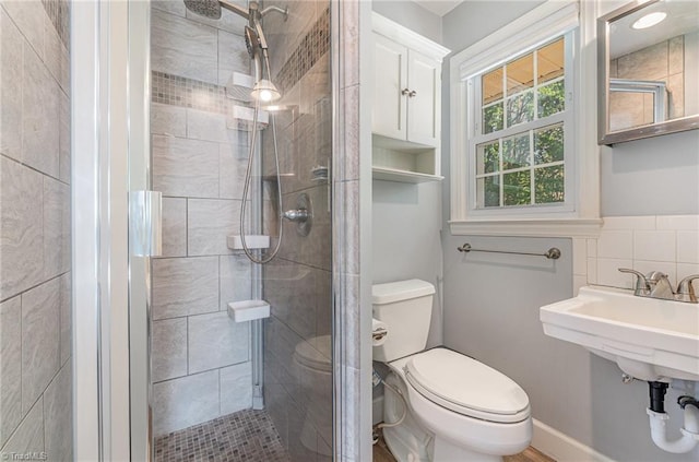 bathroom with toilet and a stall shower