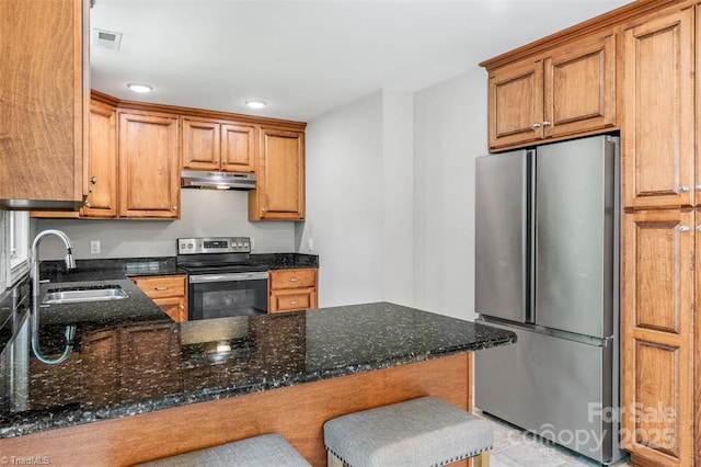 845 Montgomery Ct, Walnut Cove, NC 27052 - kitchen with stainless steel appliances, under cabinet range hood, a sink, a peninsula, and dark stone countertops