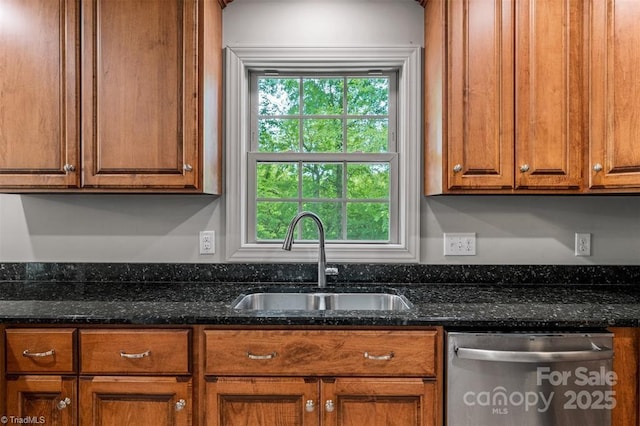 845 Montgomery Ct, Walnut Cove, NC 27052 - kitchen featuring stainless steel dishwasher, a sink, brown cabinetry, and dark stone counters