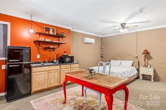 845 Montgomery Ct, Walnut Cove, NC 27052 - bedroom featuring freestanding refrigerator, crown molding, a sink, a wall unit AC, and concrete block wall