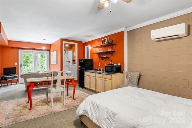 845 Montgomery Ct, Walnut Cove, NC 27052 - bedroom featuring a wall mounted AC, light colored carpet, freestanding refrigerator, and ensuite bathroom