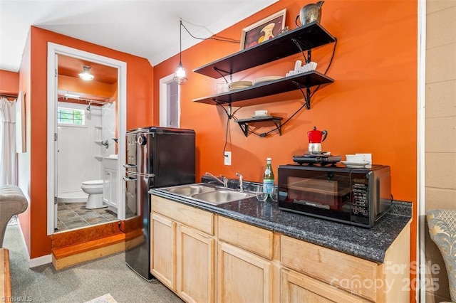 845 Montgomery Ct, Walnut Cove, NC 27052 - kitchen with black appliances, a sink, light brown cabinets, dark countertops, and open shelves